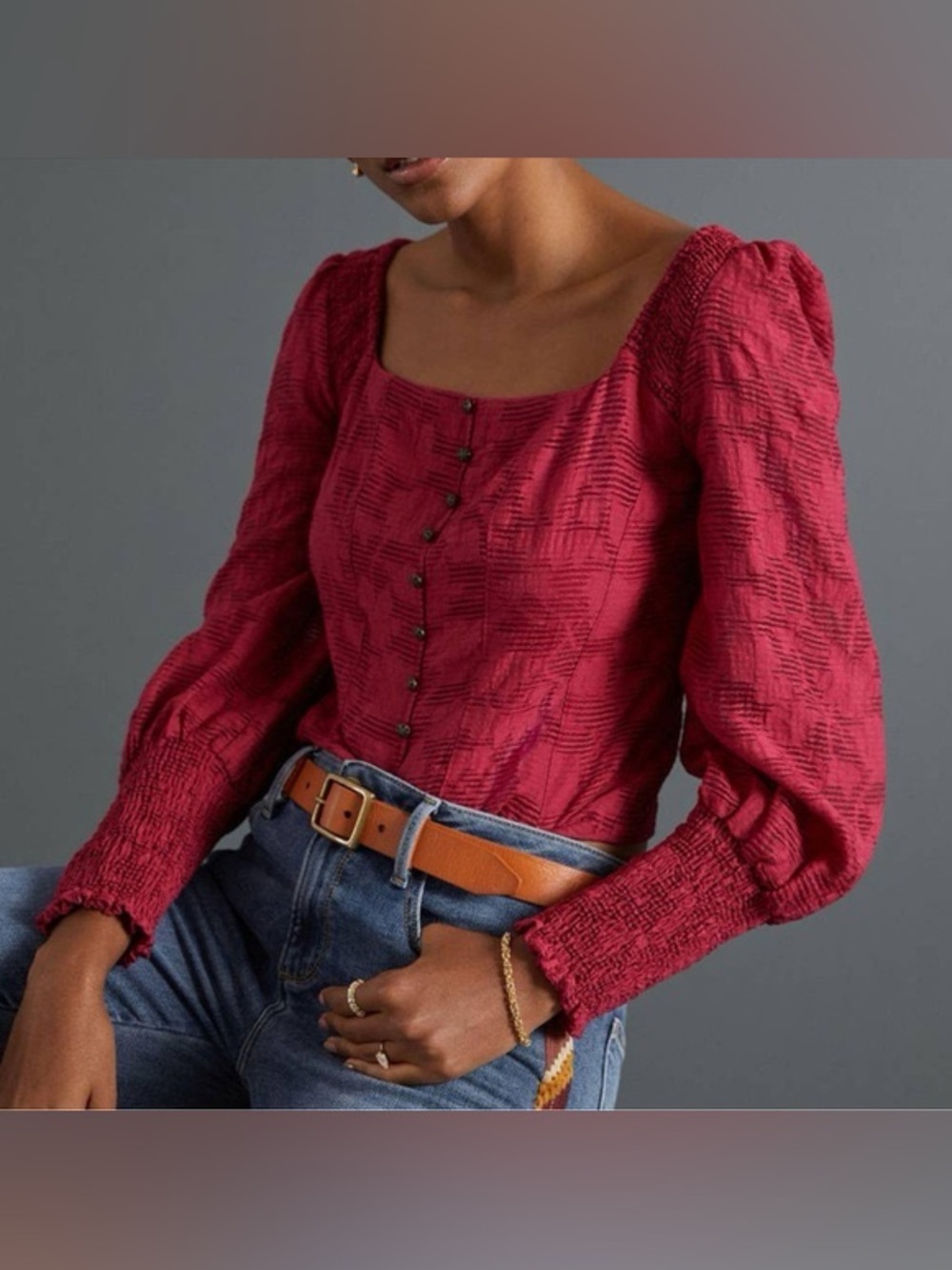 Anthropologie Romantic Puff-Sleeved Blouse size small petite raspberry